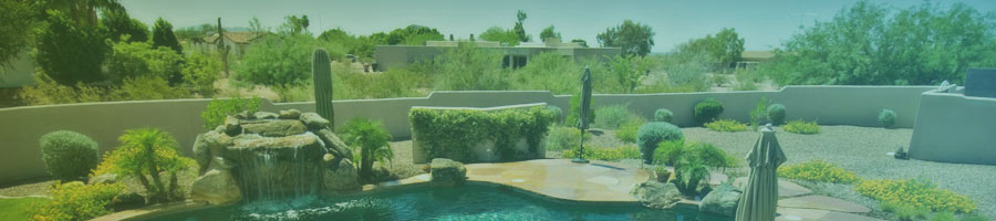 Outdoor shot of Scottsdale water feature and backyard with desert landscaping.